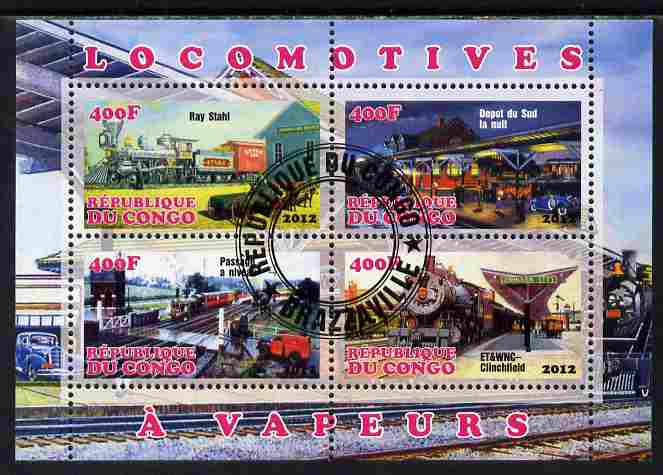 Congo 2012 Steam Locomotives perf sheetlet containing 4 values fine cto used, stamps on , stamps on  stamps on railways