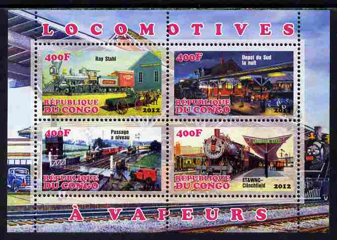 Congo 2012 Steam Locomotives perf sheetlet containing 4 values unmounted mint, stamps on railways