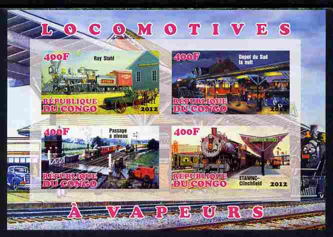 Congo 2012 Steam Locomotives imperf sheetlet containing 4 values unmounted mint, stamps on , stamps on  stamps on railways