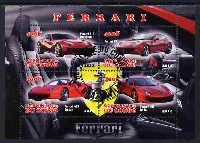 Congo 2012 Ferrari Cars perf sheetlet containing 4 values fine cto used, stamps on , stamps on  stamps on cars, stamps on  stamps on ferrari