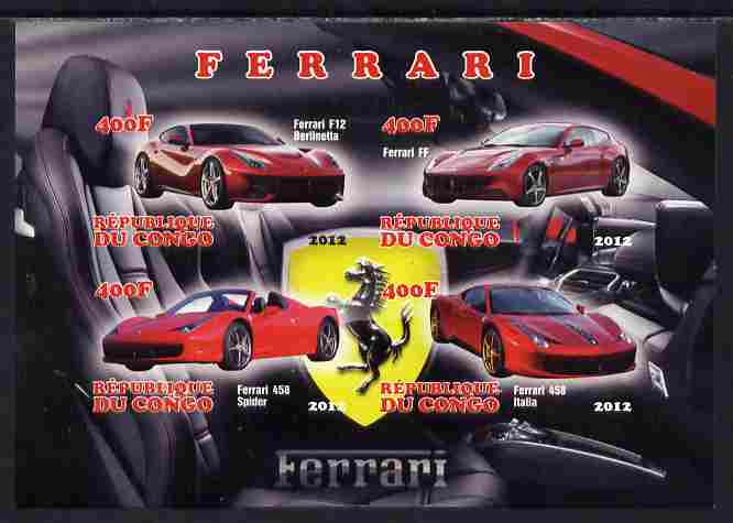 Congo 2012 Ferrari Cars imperf sheetlet containing 4 values unmounted mint, stamps on , stamps on  stamps on cars, stamps on  stamps on ferrari