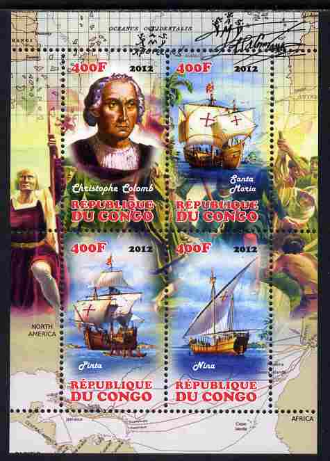 Congo 2012 Christopher Columbus perf sheetlet containing 4 values unmounted mint, stamps on , stamps on  stamps on personalities, stamps on  stamps on columbus, stamps on  stamps on ships, stamps on  stamps on explorers