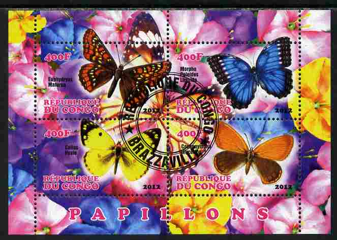 Congo 2012 Butterflies #1 perf sheetlet containing 4 values fine cto used, stamps on , stamps on  stamps on butterflies