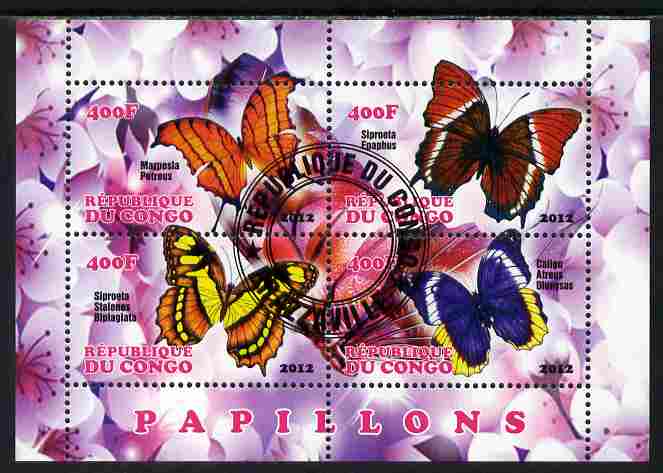 Congo 2012 Butterflies #3 perf sheetlet containing 4 values fine cto used, stamps on , stamps on  stamps on butterflies