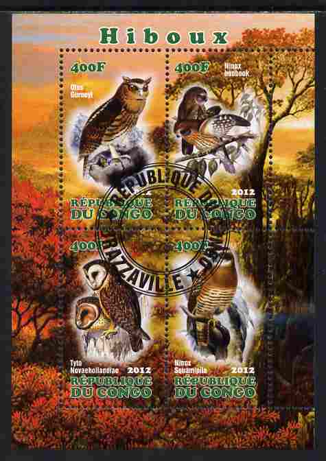 Congo 2012 Owls perf sheetlet containing 4 values fine cto used, stamps on birds, stamps on birds of prey, stamps on owls
