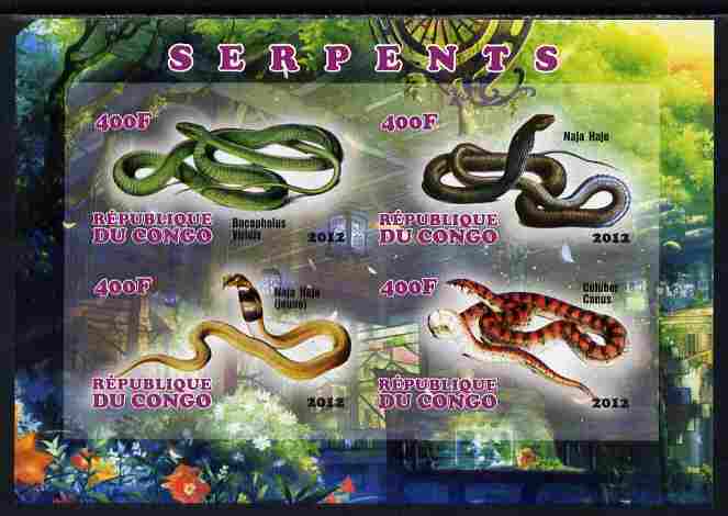 Congo 2012 Snakes imperf sheetlet containing 4 values unmounted mint, stamps on , stamps on  stamps on reptiles, stamps on  stamps on snakes