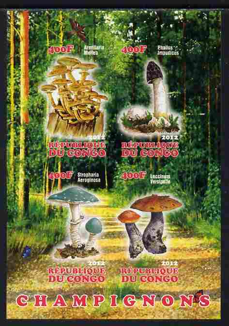 Congo 2012 Mushrooms #1 imperf sheetlet containing 4 values unmounted mint, stamps on , stamps on  stamps on fungi