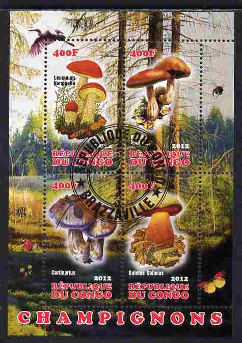 Congo 2012 Mushrooms #2 perf sheetlet containing 4 values fine cto used, stamps on , stamps on  stamps on fungi