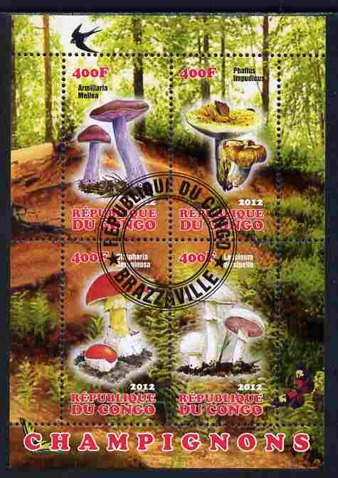 Congo 2012 Mushrooms #3 perf sheetlet containing 4 values fine cto used, stamps on , stamps on  stamps on fungi