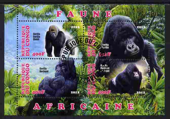 Congo 2012 Gorillas perf sheetlet containing 4 values fine cto used, stamps on , stamps on  stamps on animals, stamps on  stamps on gorillas, stamps on  stamps on apes