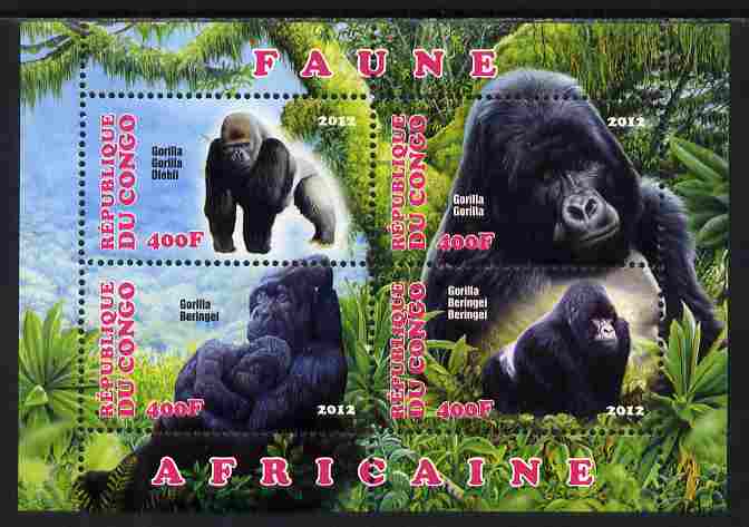 Congo 2012 Gorillas perf sheetlet containing 4 values unmounted mint, stamps on , stamps on  stamps on animals, stamps on  stamps on gorillas, stamps on  stamps on apes