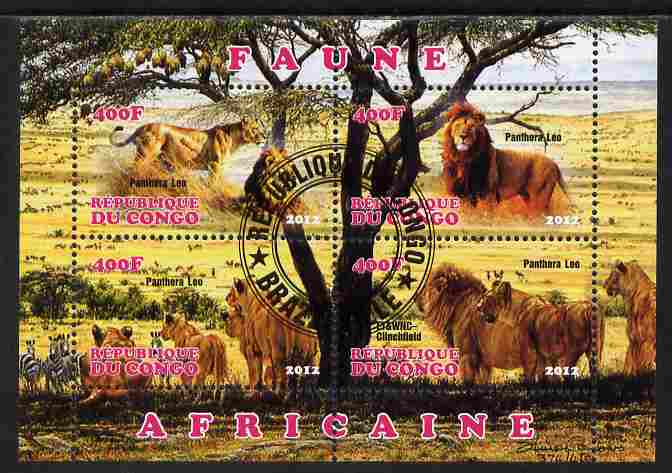 Congo 2012 Lions perf sheetlet containing 4 values fine cto used, stamps on animals, stamps on cats, stamps on lions