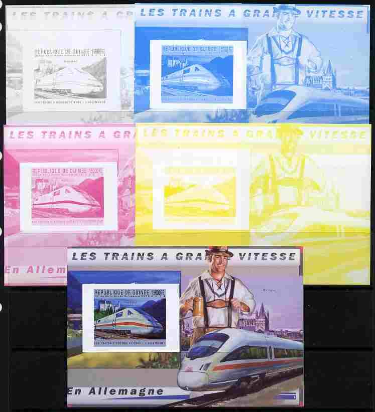 Guinea - Conakry 2011 High Speed Trains of Germany #1 deluxe sheet - the set of 5 imperf progressive proofs comprising the 4 individual colours plus all 4-colour composit..., stamps on railways, stamps on 