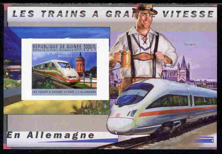 Guinea - Conakry 2011 High Speed Trains of Germany #2 imperf deluxe sheet unmounted mint. Note this item is privately produced and is offered purely on its thematic appea..., stamps on railways, stamps on 