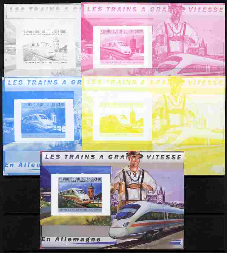 Guinea - Conakry 2011 High Speed Trains of Germany #2 deluxe sheet - the set of 5 imperf progressive proofs comprising the 4 individual colours plus all 4-colour composit..., stamps on railways, stamps on 