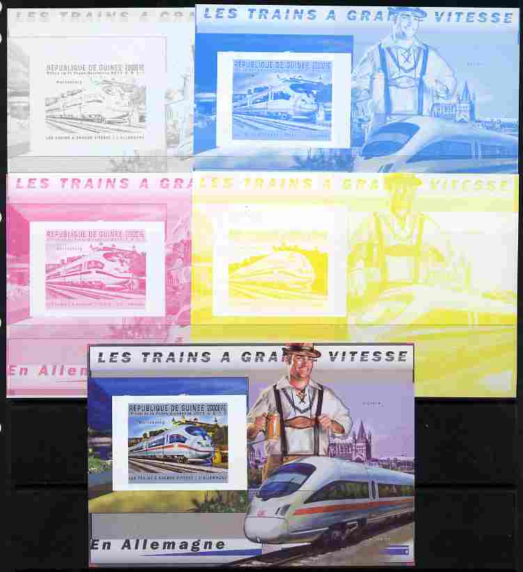 Guinea - Conakry 2011 High Speed Trains of Germany #3 deluxe sheet - the set of 5 imperf progressive proofs comprising the 4 individual colours plus all 4-colour composite, unmounted mint , stamps on , stamps on  stamps on railways, stamps on  stamps on 