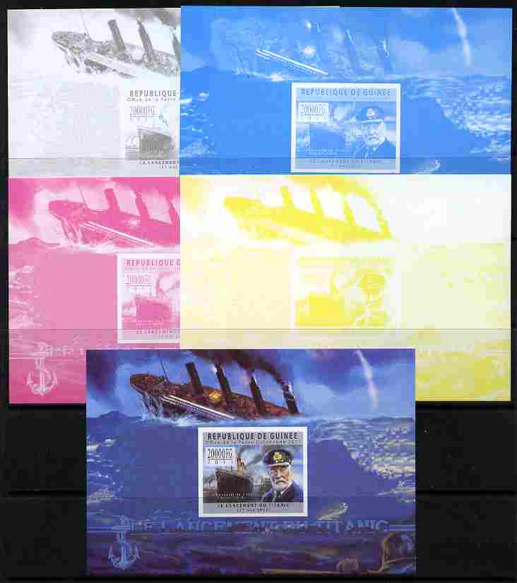 Guinea - Conakry 2011 Sinking of the Titanic #2 deluxe sheet - the set of 5 imperf progressive proofs comprising the 4 individual colours plus all 4-colour composite, unm..., stamps on ships, stamps on titanic, stamps on disasters