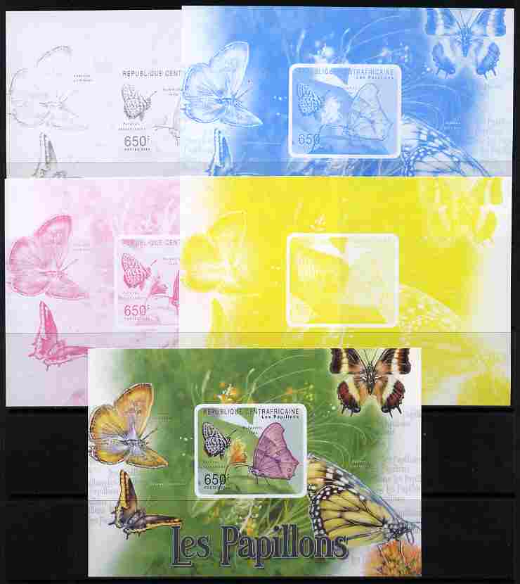 Central African Republic 2011 Butterflies #2 deluxe sheet - the set of 5 imperf progressive proofs comprising the 4 individual colours plus all 4-colour composite, unmounted mint , stamps on , stamps on  stamps on butterflies