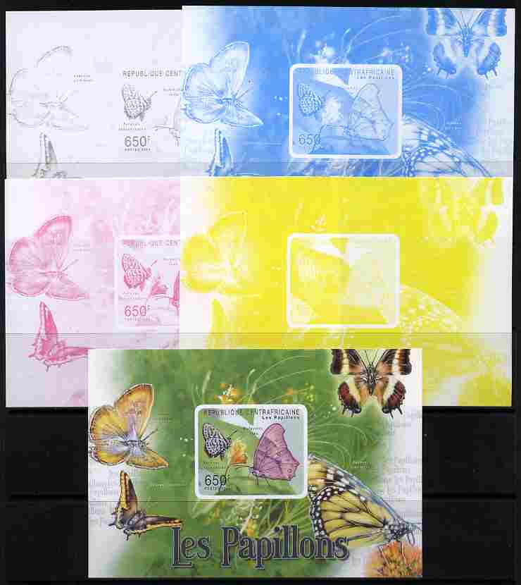 Central African Republic 2011 Butterflies #2 deluxe sheet - the set of 5 imperf progressive proofs comprising the 4 individual colours plus all 4-colour composite, unmounted mint , stamps on butterflies