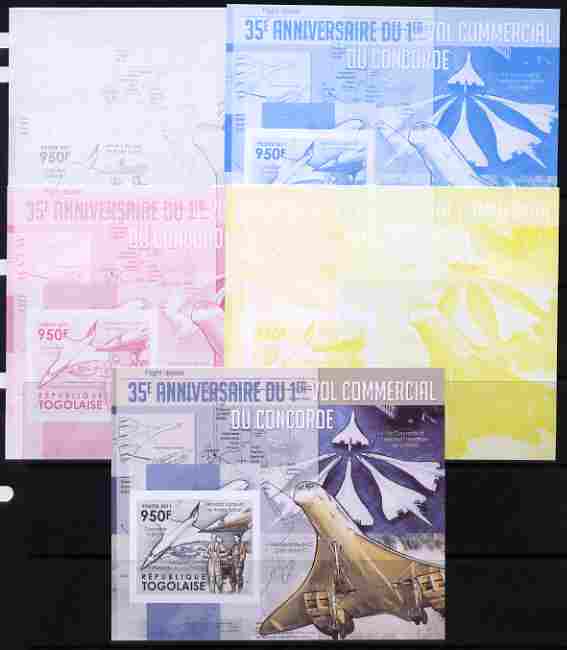 Togo 2011 35th Anniversary of 1st Commercial Flight of Concorde #2 deluxe sheet - the set of 5 imperf progressive proofs comprising the 4 individual colours plus all 4-colour composite, unmounted mint , stamps on , stamps on  stamps on aviation, stamps on  stamps on concorde