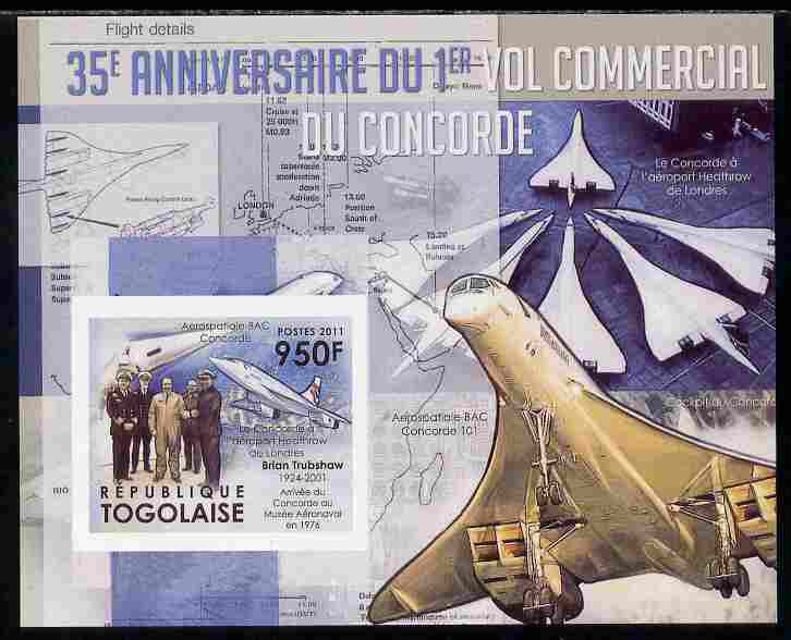 Togo 2011 35th Anniversary of 1st Commercial Flight of Concorde #3 imperf deluxe sheet unmounted mint. Note this item is privately produced and is offered purely on its thematic appeal , stamps on aviation, stamps on concorde