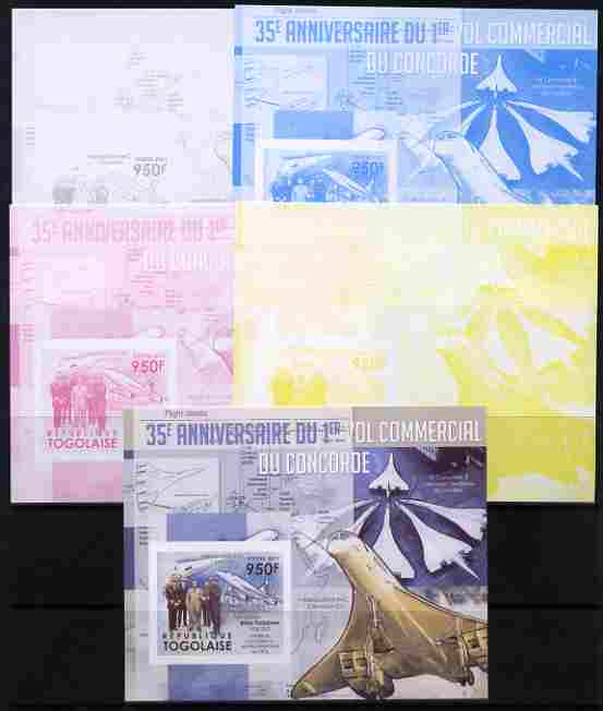 Togo 2011 35th Anniversary of 1st Commercial Flight of Concorde #3 deluxe sheet - the set of 5 imperf progressive proofs comprising the 4 individual colours plus all 4-colour composite, unmounted mint , stamps on , stamps on  stamps on aviation, stamps on  stamps on concorde