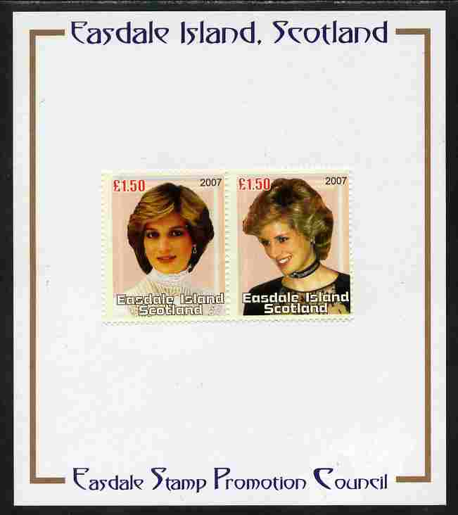 Easdale 2007 Princess Diana A31.50 #1 perf se-tenant pair mounted on Publicity proof card issued by the Easdale Stamp Promotion Council , stamps on , stamps on  stamps on personalities, stamps on  stamps on diana, stamps on  stamps on royalty