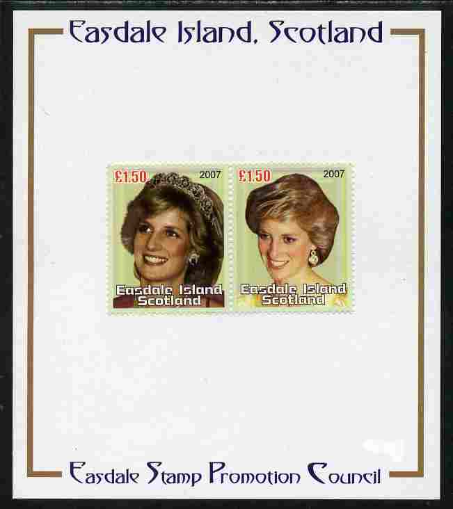 Easdale 2007 Princess Diana A31.50 #2 perf se-tenant pair mounted on Publicity proof card issued by the Easdale Stamp Promotion Council , stamps on , stamps on  stamps on personalities, stamps on  stamps on diana, stamps on  stamps on royalty