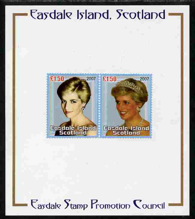 Easdale 2007 Princess Diana A31.50 #3 perf se-tenant pair mounted on Publicity proof card issued by the Easdale Stamp Promotion Council , stamps on , stamps on  stamps on personalities, stamps on  stamps on diana, stamps on  stamps on royalty