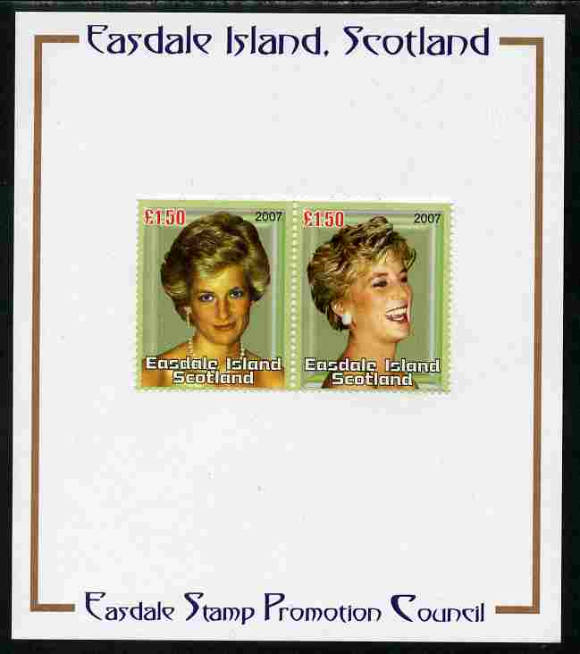 Easdale 2007 Princess Diana A31.50 #4 perf se-tenant pair mounted on Publicity proof card issued by the Easdale Stamp Promotion Council , stamps on , stamps on  stamps on personalities, stamps on  stamps on diana, stamps on  stamps on royalty