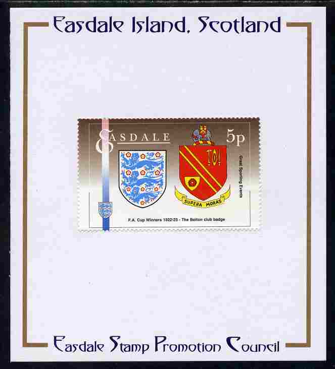 Easdale 1996 Great Sporting Events - Football 5p - Bolton Club Badge Winners of 1922-23 FA Cup Final mounted on Publicity proof card issued by the Easdale Stamp Promotion..., stamps on football
