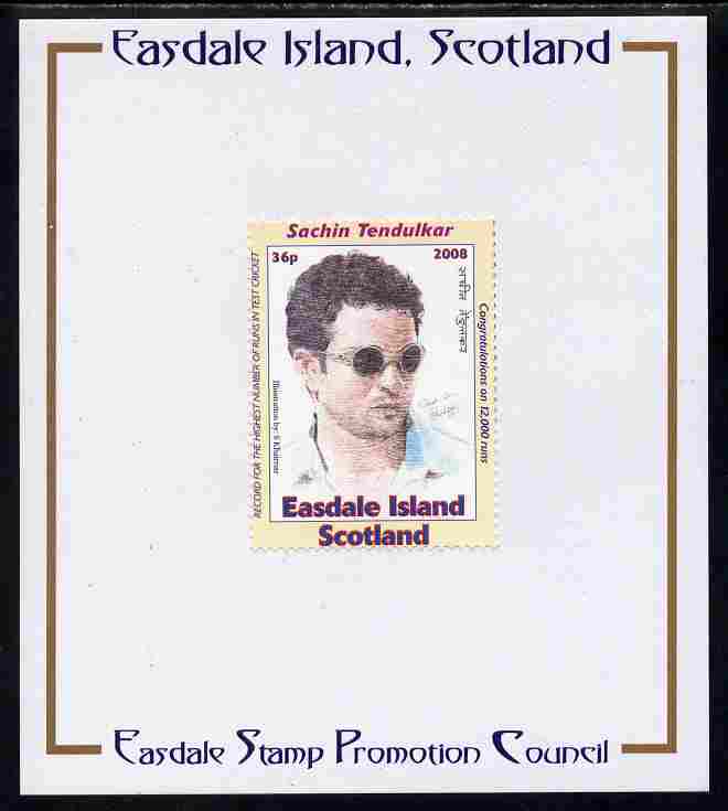 Easdale 2008 Sachin Tendulkar (cricketer) 36p (with sun glasses - white border) mounted on Publicity proof card issued by the Easdale Stamp Promotion Council , stamps on , stamps on  stamps on sport, stamps on  stamps on cricket