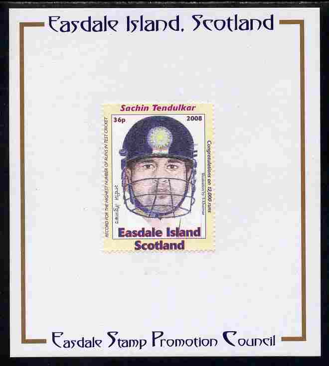 Easdale 2008 Sachin Tendulkar (cricketer) 36p (with helmet - white border) mounted on Publicity proof card issued by the Easdale Stamp Promotion Council , stamps on sport, stamps on cricket