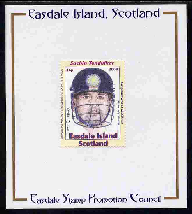 Easdale 2008 Sachin Tendulkar (cricketer) 36p (with helmet - white border) mounted on Publicity proof card issued by the Easdale Stamp Promotion Council , stamps on , stamps on  stamps on sport, stamps on  stamps on cricket