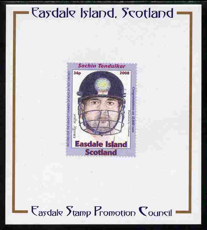 Easdale 2008 Sachin Tendulkar (cricketer) 36p (with helmet - blue border) mounted on Publicity proof card issued by the Easdale Stamp Promotion Council 