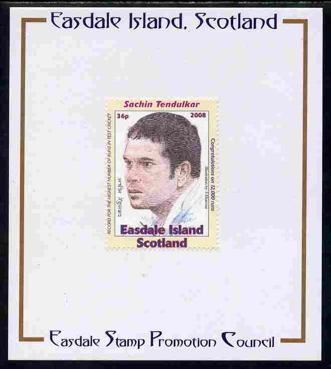 Easdale 2008 Sachin Tendulkar (cricketer) 36p (looking to left - white border) mounted on Publicity proof card issued by the Easdale Stamp Promotion Council , stamps on , stamps on  stamps on sport, stamps on  stamps on cricket