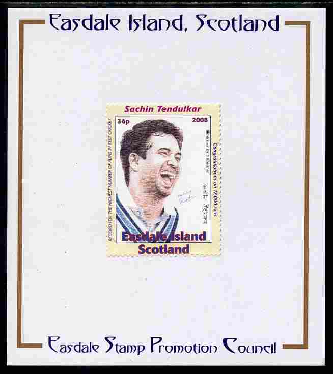 Easdale 2008 Sachin Tendulkar (cricketer) 36p (looking to right - white border) mounted on Publicity proof card issued by the Easdale Stamp Promotion Council , stamps on , stamps on  stamps on sport, stamps on  stamps on cricket