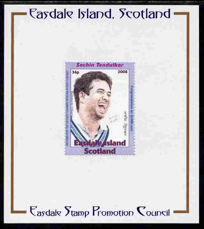 Easdale 2008 Sachin Tendulkar (cricketer) 36p (looking to right - blue border) mounted on Publicity proof card issued by the Easdale Stamp Promotion Council , stamps on , stamps on  stamps on sport, stamps on  stamps on cricket