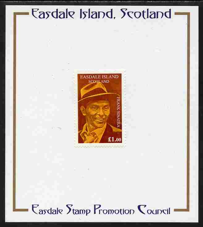 Easdale 1998 Frank Sinatra A31 value (brown background) mounted on Publicity proof card issued by the Easdale Stamp Promotion Council , stamps on , stamps on  stamps on personalities, stamps on  stamps on music, stamps on  stamps on pops