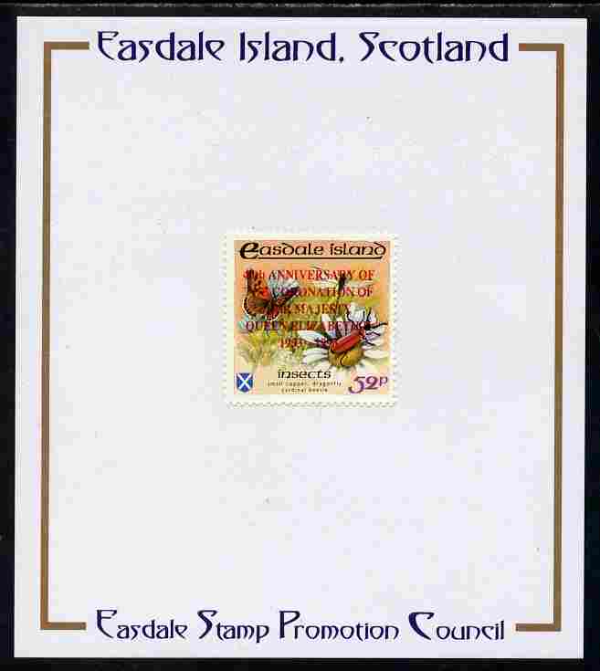 Easdale 1993 40th Anniversary of Coronation overprinted in red on Flora & Fauna perf 52p (Butterfly & Insects) mounted on Publicity proof card issued by the Easdale Stamp Promotion Council , stamps on , stamps on  stamps on royalty, stamps on  stamps on coronation, stamps on  stamps on insects, stamps on  stamps on butterflies, stamps on  stamps on dragonflies