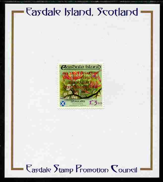 Easdale 1993 40th Anniversary of Coronation overprinted in red on Flora & Fauna perf A33.10 (Shrubs) mounted on Publicity proof card issued by the Easdale Stamp Promotion Council , stamps on , stamps on  stamps on royalty, stamps on  stamps on coronation, stamps on  stamps on flowers