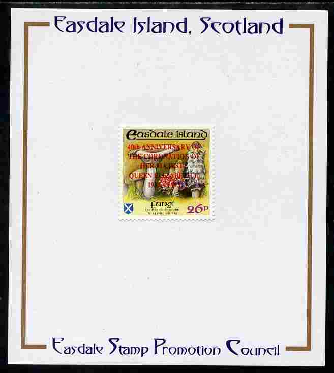 Easdale 1993 40th Anniversary of Coronation overprinted in red on Flora & Fauna perf 26p (Fungi) mounted on Publicity proof card issued by the Easdale Stamp Promotion Council , stamps on , stamps on  stamps on royalty, stamps on  stamps on coronation, stamps on  stamps on fungi