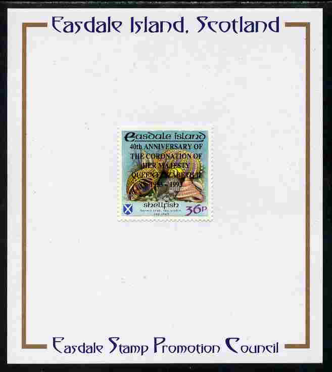 Easdale 1993 40th Anniversary of Coronation overprinted in black on Flora & Fauna perf 36p (Shell) mounted on Publicity proof card issued by the Easdale Stamp Promotion Council 