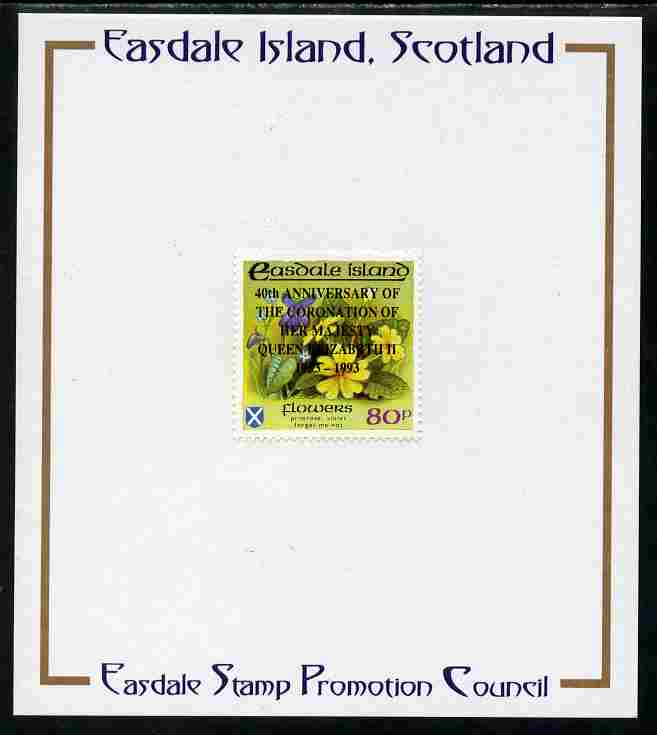 Easdale 1993 40th Anniversary of Coronation overprinted in black on Flora & Fauna perf 80p (Flowers) mounted on Publicity proof card issued by the Easdale Stamp Promotion..., stamps on royalty, stamps on coronation, stamps on flowers