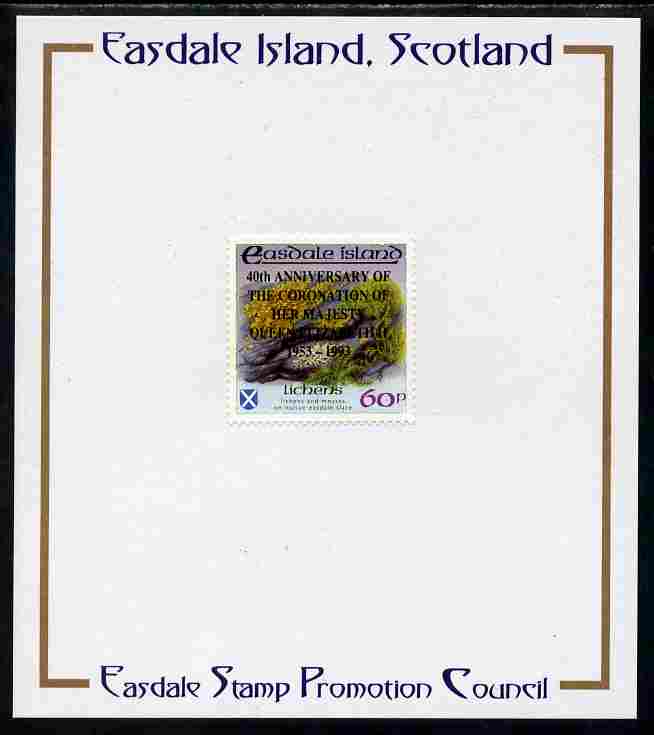 Easdale 1993 40th Anniversary of Coronation overprinted in black on Flora & Fauna perf 60p (Lichens) mounted on Publicity proof card issued by the Easdale Stamp Promotion Council 