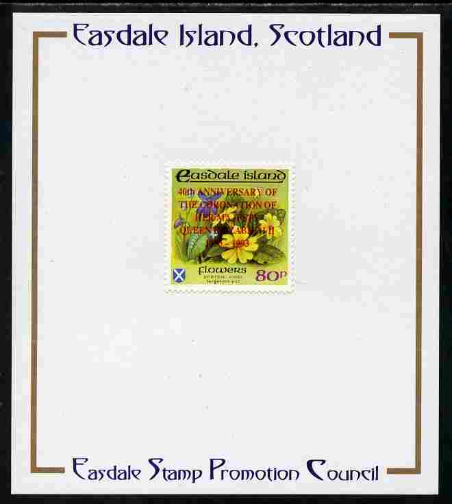 Easdale 1993 40th Anniversary of Coronation overprinted in red on Flora & Fauna perf 80p (Flowers) mounted on Publicity proof card issued by the Easdale Stamp Promotion Council , stamps on , stamps on  stamps on royalty, stamps on  stamps on coronation, stamps on  stamps on flowers