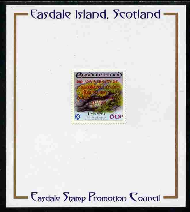 Easdale 1993 40th Anniversary of Coronation overprinted in red on Flora & Fauna perf 60p (Lichens) mounted on Publicity proof card issued by the Easdale Stamp Promotion C..., stamps on royalty, stamps on coronation, stamps on lichens