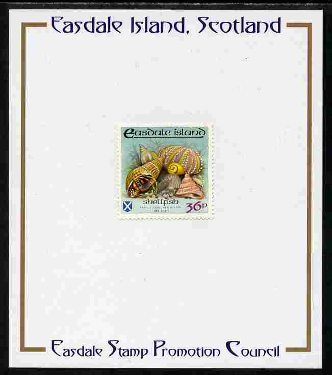 Easdale 1988 Flora & Fauna perf definitive 36p (Shell) mounted on Publicity proof card issued by the Easdale Stamp Promotion Council , stamps on , stamps on  stamps on shells, stamps on  stamps on marine life, stamps on  stamps on crabs