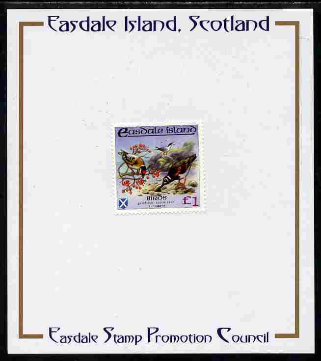 Easdale 1988 Flora & Fauna perf definitive \A31 (Birds) mounted on Publicity proof card issued by the Easdale Stamp Promotion Council , stamps on birds