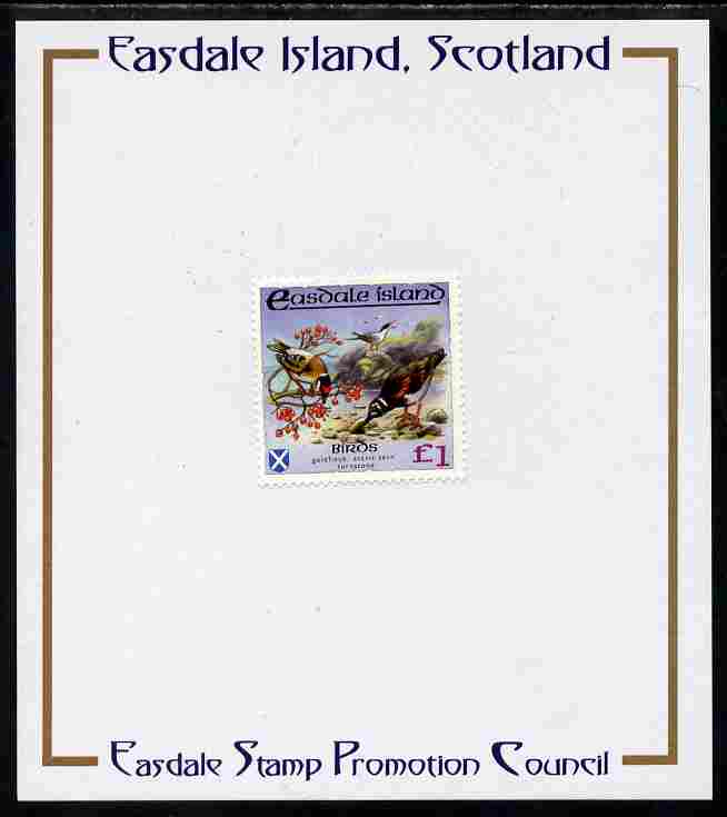 Easdale 1988 Flora & Fauna perf definitive \A31 (Birds) mounted on Publicity proof card issued by the Easdale Stamp Promotion Council 